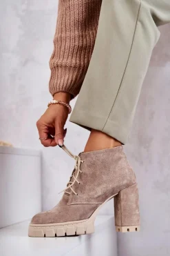 Boto Damskie Trapery|Botki Skórzane*Modne Zamszowe Botki Sznurowane Beżowe Selma