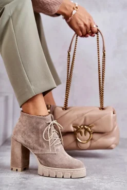 Boto Damskie Trapery|Botki Skórzane*Modne Zamszowe Botki Sznurowane Beżowe Selma