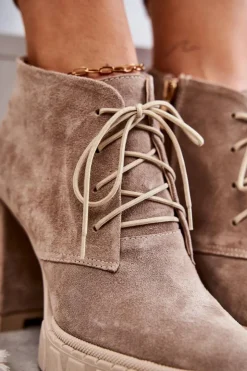 Boto Damskie Trapery|Botki Skórzane*Modne Zamszowe Botki Sznurowane Beżowe Selma