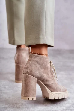 Boto Damskie Trapery|Botki Skórzane*Modne Zamszowe Botki Sznurowane Beżowe Selma