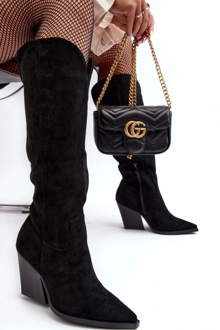 Discount Boto Modne Zamszowe Kozaki Kowbojki Czarne Delia Czarny