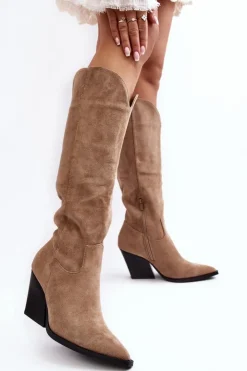 Outlet Boto Modne Zamszowe Kozaki Kowbojki Beżowe Delia