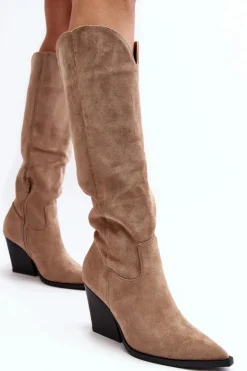 Outlet Boto Modne Zamszowe Kozaki Kowbojki Beżowe Delia