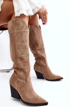 Outlet Boto Modne Zamszowe Kozaki Kowbojki Beżowe Delia