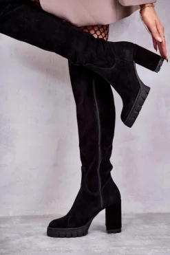 Damskie Boto Modne Zamszowe Kozaki Muszkieterki Czarne Estrela