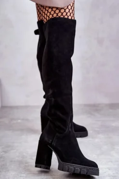 Damskie Boto Modne Zamszowe Kozaki Muszkieterki Czarne Estrela