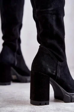 Damskie Boto Modne Zamszowe Kozaki Muszkieterki Czarne Estrela