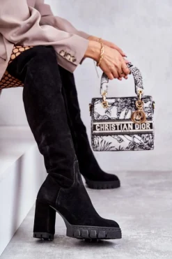 Damskie Boto Modne Zamszowe Kozaki Muszkieterki Czarne Estrela