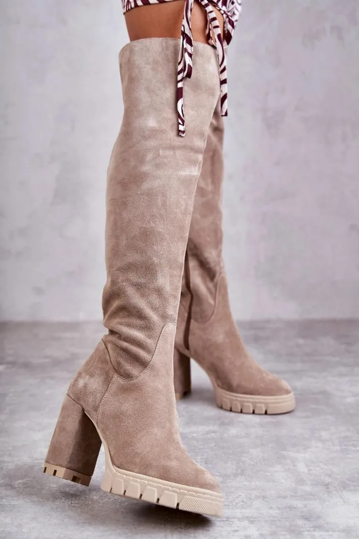 Boto Kozaki Wiosenne|Kozaki Za Kolano*Modne Zamszowe Kozaki Muszkieterki Beżowe Estrela
