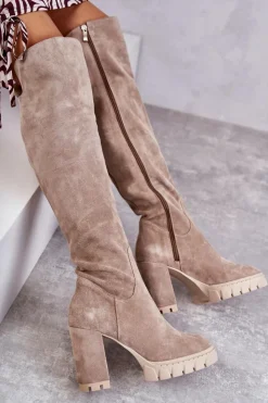 Boto Kozaki Wiosenne|Kozaki Za Kolano*Modne Zamszowe Kozaki Muszkieterki Beżowe Estrela