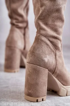 Boto Kozaki Wiosenne|Kozaki Za Kolano*Modne Zamszowe Kozaki Muszkieterki Beżowe Estrela