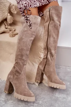 Boto Kozaki Wiosenne|Kozaki Za Kolano*Modne Zamszowe Kozaki Muszkieterki Beżowe Estrela