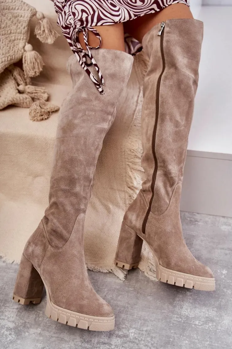 Boto Kozaki Wiosenne|Kozaki Za Kolano*Modne Zamszowe Kozaki Muszkieterki Beżowe Estrela