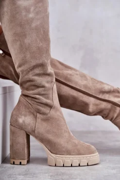 Boto Kozaki Wiosenne|Kozaki Za Kolano*Modne Zamszowe Kozaki Muszkieterki Beżowe Estrela