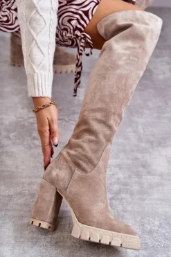 Boto Kozaki Wiosenne|Kozaki Za Kolano*Modne Zamszowe Kozaki Muszkieterki Beżowe Estrela
