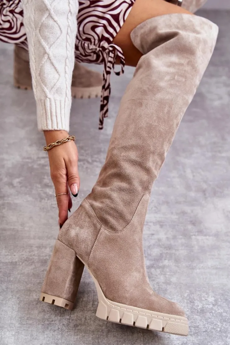 Boto Kozaki Wiosenne|Kozaki Za Kolano*Modne Zamszowe Kozaki Muszkieterki Beżowe Estrela