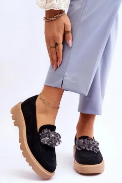 Buty damskie Vinceza Loafersy Damskie|Mokasyny Płaskie*Modne Zamszowe Mokasyny Z Kryształkami Czarne Demeris Czarny