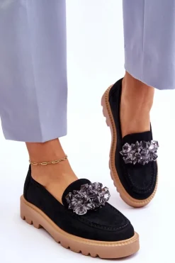 Buty damskie Vinceza Loafersy Damskie|Mokasyny Płaskie*Modne Zamszowe Mokasyny Z Kryształkami Czarne Demeris Czarny