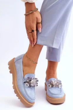 Online Buty damskie Vinceza Modne Zamszowe Mokasyny Z Kryształkami Niebieskie Demeris