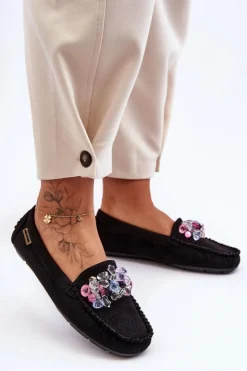Damskie Boto Modne Zamszowe Mokasyny Z Ozdobami Czarne Delima