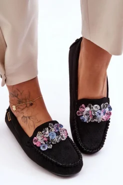 Damskie Boto Modne Zamszowe Mokasyny Z Ozdobami Czarne Delima