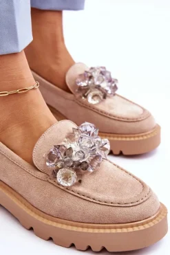 Damskie Buty damskie Vinceza Modne Zamszowe Mokasyny Z Kryształkami Beżowe Demeris