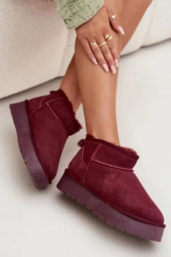 New Boto Modne Zamszowe Niskie Śniegowce Bordowe Nucca Czerwony