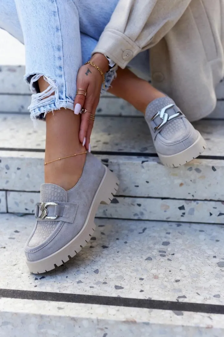 Outlet Boto Modne Zamszowe Półbuty Loafery Jasnoszare Rayhan