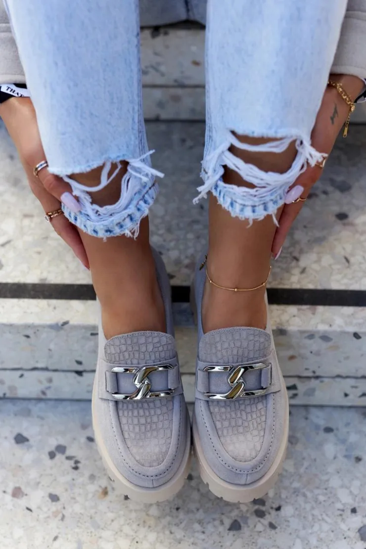 Outlet Boto Modne Zamszowe Półbuty Loafery Jasnoszare Rayhan