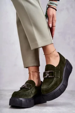 Boto Półbuty Skórzane*Modne Zamszowe Półbuty Na Platformie Khaki Lemar Marsol Zielony