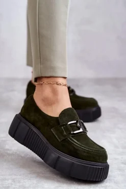 Boto Półbuty Skórzane*Modne Zamszowe Półbuty Na Platformie Khaki Lemar Marsol Zielony