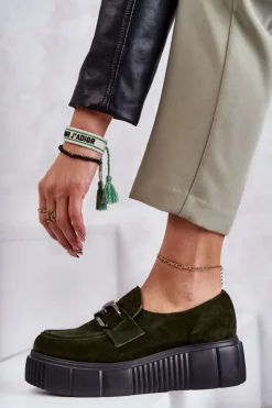 Boto Półbuty Skórzane*Modne Zamszowe Półbuty Na Platformie Khaki Lemar Marsol Zielony