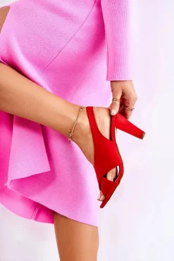 Damskie buty S.Barski Sandały Na Obcasie*Modne Zamszowe Sandały Czerwone Therala