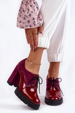 Damskie Boto Modne Zamszowo-Lakierowane Botki Na Platformie Bordowe Carisa