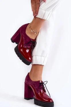 Damskie Boto Modne Zamszowo-Lakierowane Botki Na Platformie Bordowe Carisa