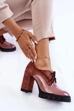 Boto Damskie Trapery|Botki Sznurowane*Modne Zamszowo-Lakierowane Botki Na Platformie Różowe Carisa