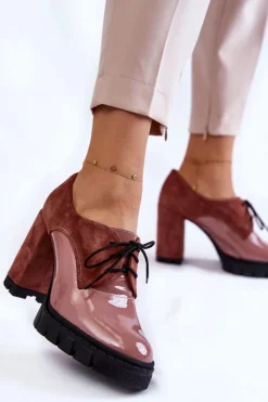 Boto Damskie Trapery|Botki Sznurowane*Modne Zamszowo-Lakierowane Botki Na Platformie Różowe Carisa