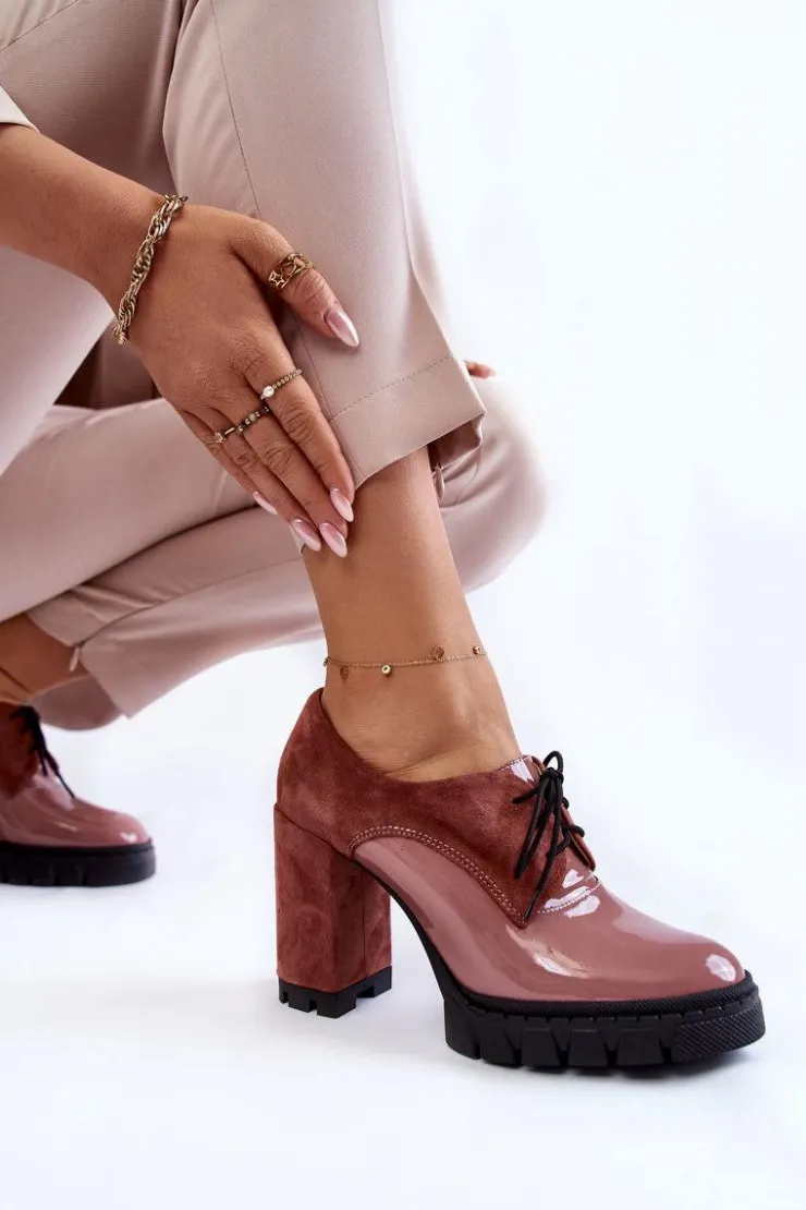 Boto Damskie Trapery|Botki Sznurowane*Modne Zamszowo-Lakierowane Botki Na Platformie Różowe Carisa