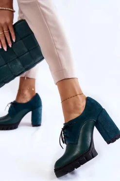 Damskie Boto Modne Zamszowo-Skórzane Botki Na Platformie Zielone Carisa
