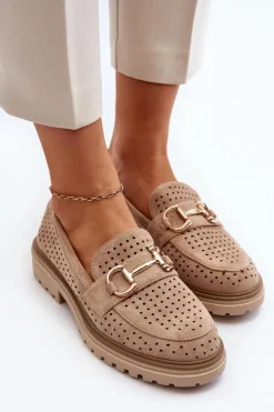 Boto Mokasyny Damskie Zamszowe*Mokasyny Damskie Ażurowe Z Ozdobą Beżowe Talesse