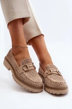 Boto Mokasyny Damskie Zamszowe*Mokasyny Damskie Ażurowe Z Ozdobą Beżowe Talesse