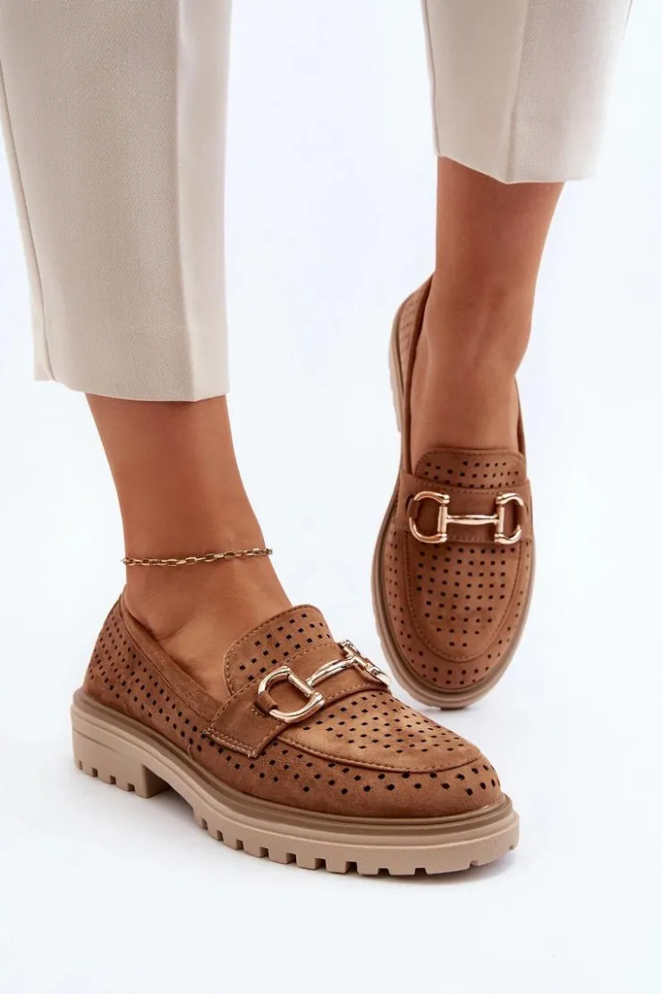 Discount Boto Mokasyny Damskie Ażurowe Z Ozdobą Camel Talesse Brązowy
