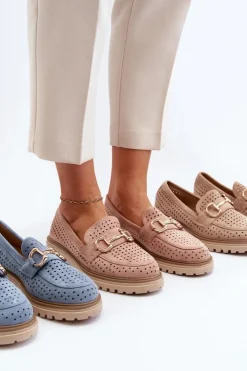 Discount Boto Mokasyny Damskie Ażurowe Z Ozdobą Camel Talesse Brązowy