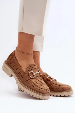 Discount Boto Mokasyny Damskie Ażurowe Z Ozdobą Camel Talesse Brązowy
