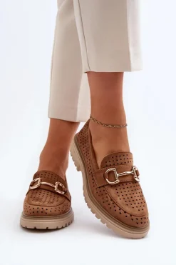 Discount Boto Mokasyny Damskie Ażurowe Z Ozdobą Camel Talesse Brązowy