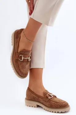 Discount Boto Mokasyny Damskie Ażurowe Z Ozdobą Camel Talesse Brązowy