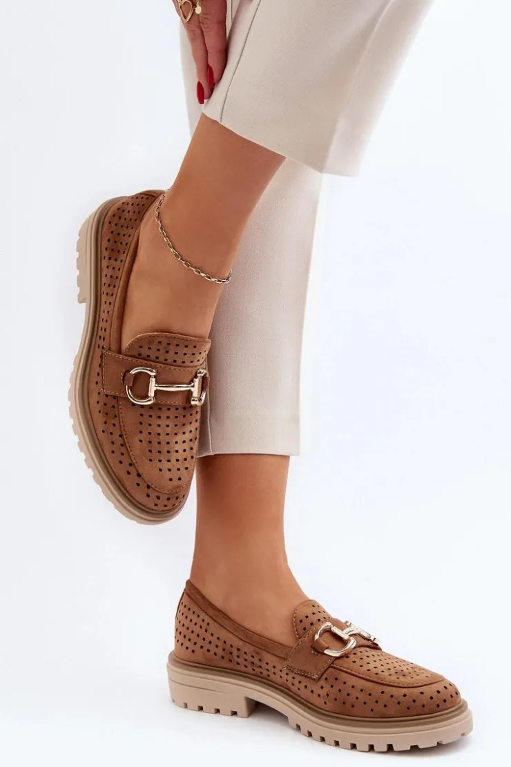 Discount Boto Mokasyny Damskie Ażurowe Z Ozdobą Camel Talesse Brązowy