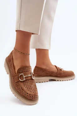 Discount Boto Mokasyny Damskie Ażurowe Z Ozdobą Camel Talesse Brązowy