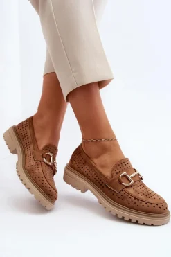 Discount Boto Mokasyny Damskie Ażurowe Z Ozdobą Camel Talesse Brązowy