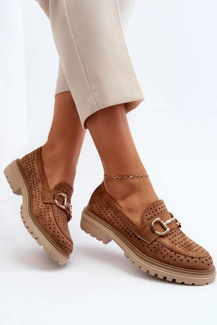 Discount Boto Mokasyny Damskie Ażurowe Z Ozdobą Camel Talesse Brązowy